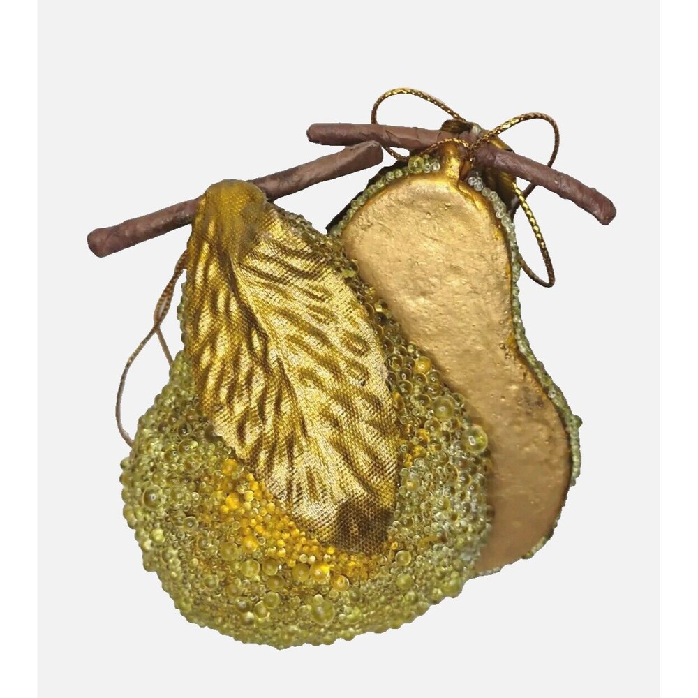 Vtg Sugar Beaded Half Pear Golden Fruit Christmas Ornaments Lot of 2 READ DESCRI